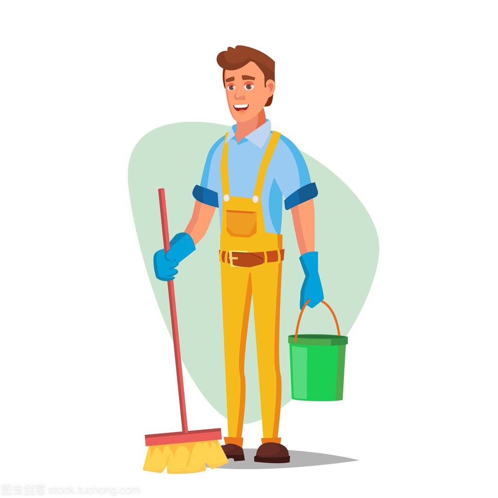 辦公室清潔服務向量。洗衣機, 掃帚孤立的白色卡通人物插圖